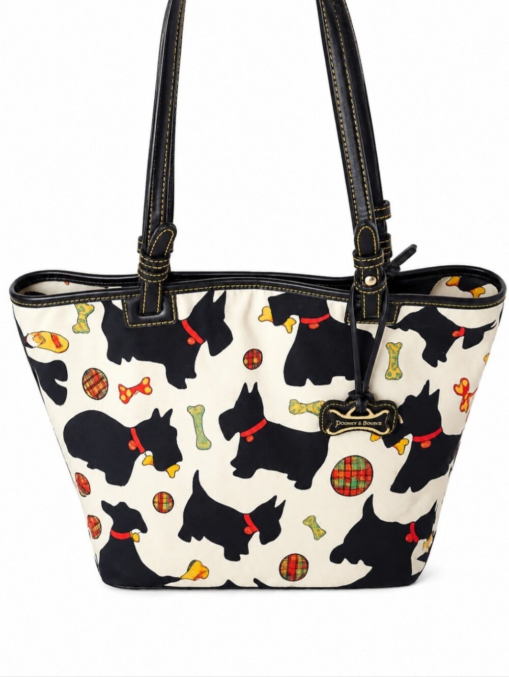 Dooney & Bourke Black Scottie Dog Print Tote, Cream Background + Plaid Interior